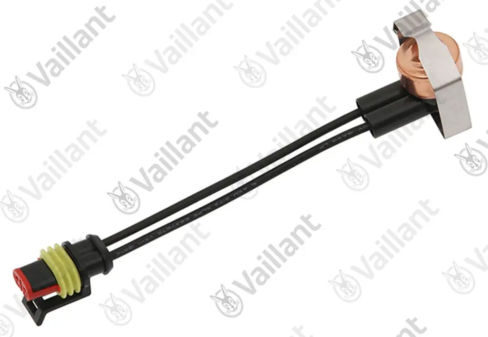 Vaillant Hochtemperaturschalter mit zwei Kabeln, einem Stecker in Rot und Gelb sowie einem metallischen Teil oben.